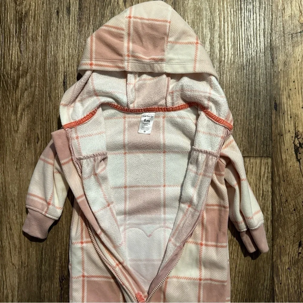 Carter’s Baby Girl Fleece Jumpsuit 6M Pink Plaid Hooded‎ Coverall Zip EUC